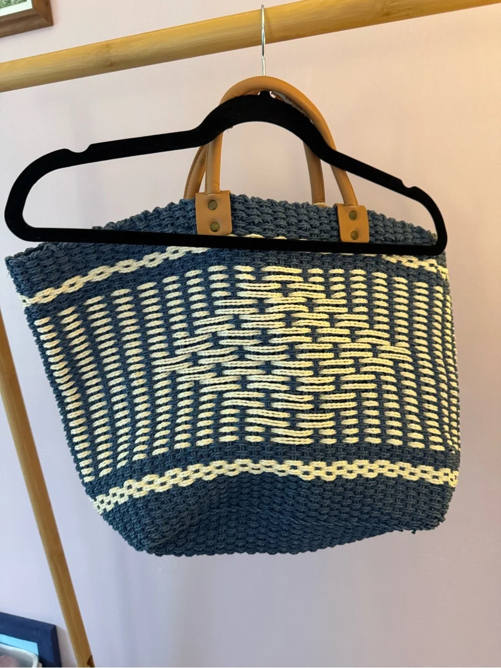 indigo soul Navy and White Woven Tote with Multicolor Tassel